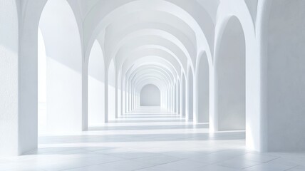 White Archway Corridor, Sunlight, Minimalist Design, Background, Architecture