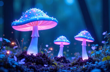 Fototapeta premium Glowing magic mushrooms close-up in a beautiful fairy forest. Fantasy.