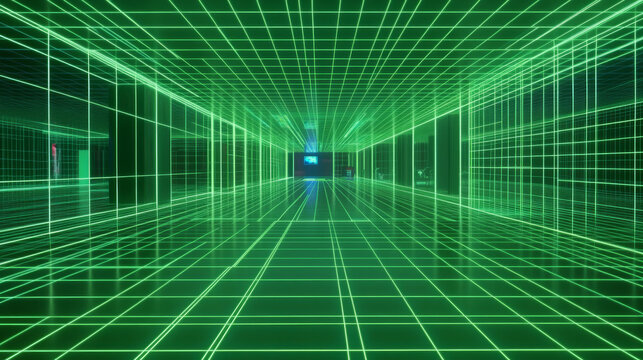3d green matrix line wire grid space background. Perspective futuristic wireframe room with mesh dimension. Neon vaporwave floor and horizon design. Laser cyberspace or abstract arena with ceiling