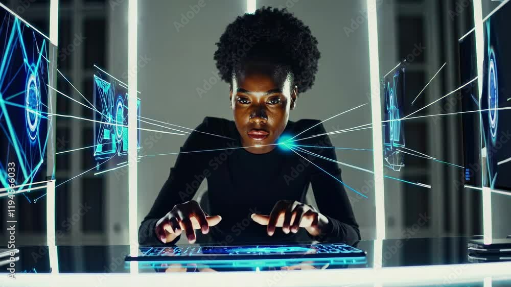 Poster woman engages with futuristic technology in a modern workspace while analyzing data and creating dig