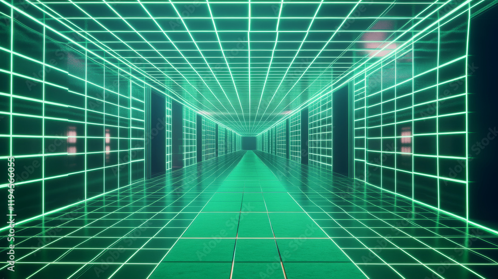 Poster 3d green matrix line wire grid space background. perspective futuristic wireframe room with mesh dim