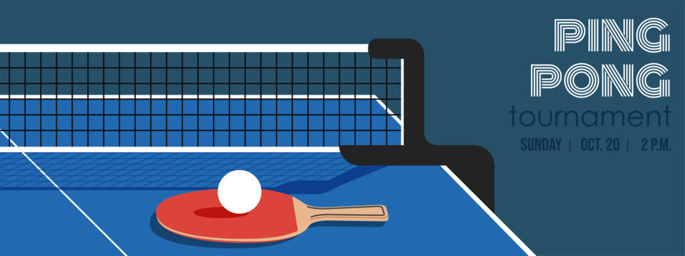Ping-pong design template for table tennis tournament. Ping pong cover with gambling table with net, racket and ball. Copy space. Modern vector background.