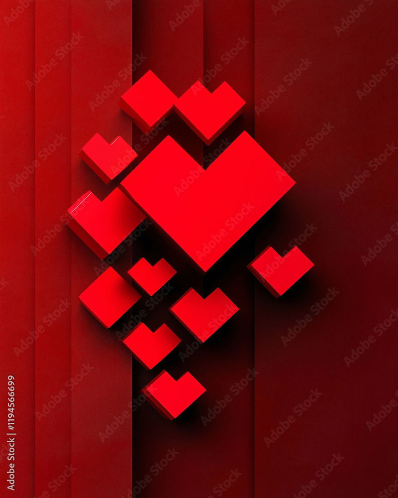 Poster red hearts graphic design composition with three-dimensional shapes and layers