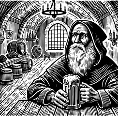 An old monk holding a mug of beer. A long-bearded monk in a hooded cloak holds a mug of beer. A medieval monk or hermit, alone at a table in a dimly lit room.