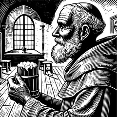 In the cool, dimly lit wine cellar, an old monk holds a mug of beer. A Medieval Monk Enjoying a Pint