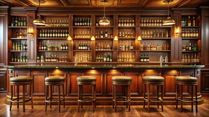 Classic English pub counter with rows of whisky bottles on wooden shelves behind a richly polished bar top and comfortable stools, classic pub, wooden shelving