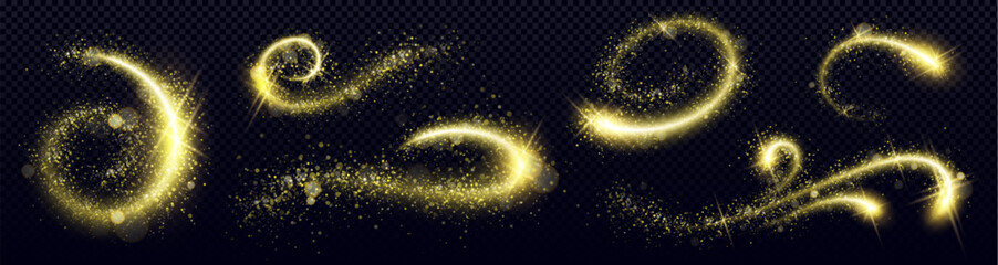 Obraz premium Gold glitter swirl set with shining sparkle trails - luminous curved paths decorated by magical stardust particles and bright twinkles on dark background. Festive decoration or fantasy design.