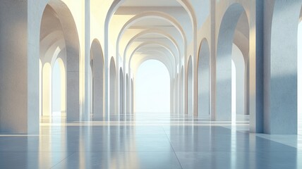 Sunlit arched hallway, bright interior, ocean view, architectural design