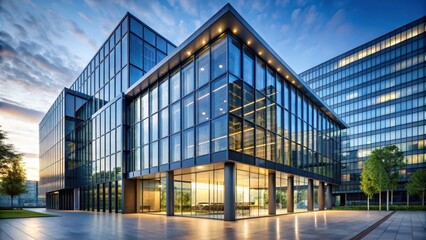 Fototapeta premium Sleek contemporary office building facade with glass and metal fa?ade, corporate style, high-rise building