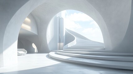 White spiral staircase, futuristic building, sunlight (1)