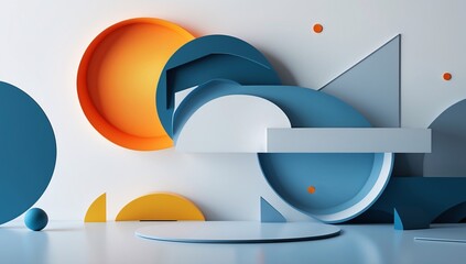 Colorful geometric composition featuring circles, semi-circles, and dynamic lines in vibrant orange, blue, and yellow