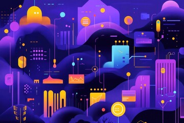 Obraz premium Abstract Digital Landscape with Colorful Geometric Shapes and Modern Data Visualizations for Technology and Innovation Themes