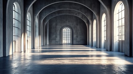 Sunlit arched hall interior, event space