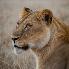 Obraz premium A lioness sitting and observing, white background.