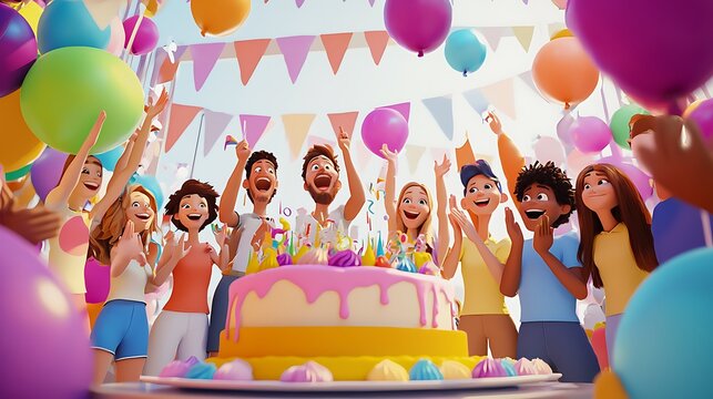 A group of people are celebrating a birthday with a cake and balloons