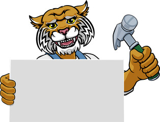 Wildcat Hammer Cartoon Mascot Handyman Carpenter