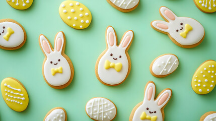 Obraz premium Easter cookies with bunny and eggs on green background.