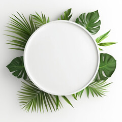 Round white frame with tropical leaves on white background.