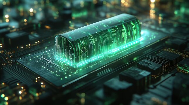 Futuristic green digital circuit with glowing elements on microchip