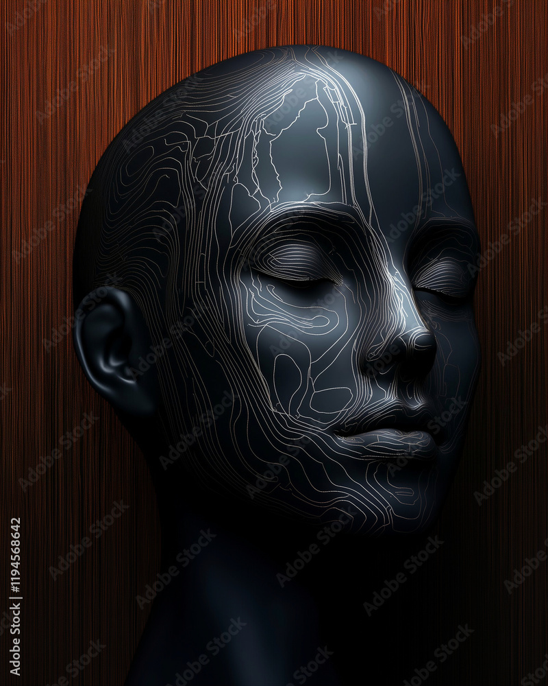 Poster mannequin face with artistic design showcasing intricate patterns and textures against a wood backgr