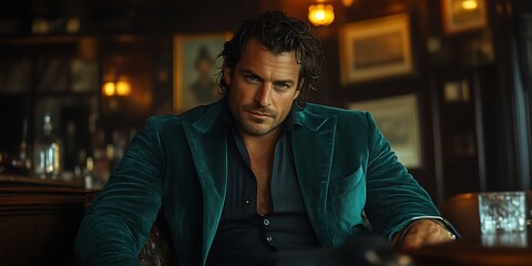 Confident man in green velvet jacket sits in a dimly lit bar.