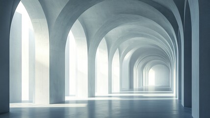 Sunlit arched hallway, interior design, architecture