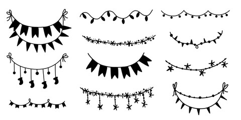Hand drawn bunting garland pennant set doodle in monochrome minimalistic style. Party decoration design isolated on white