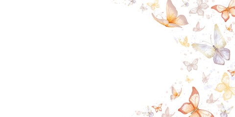 Small fluttering butterflies and moths. Watercolor digital illustration. Butterflies in delicate shades of pink, beige and purple on a holiday card, isolated on a white background