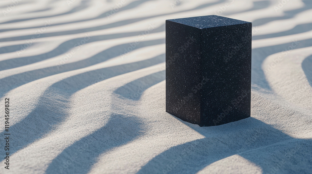 Poster dark block on sand dunes: a solitary, dark rectangular block rests on a sandy surface marked by gent