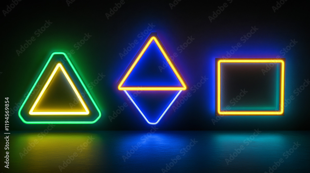 Aufkleber neon frames, isolated colorful led square and rectangular borders. green and yellow illuminated geom