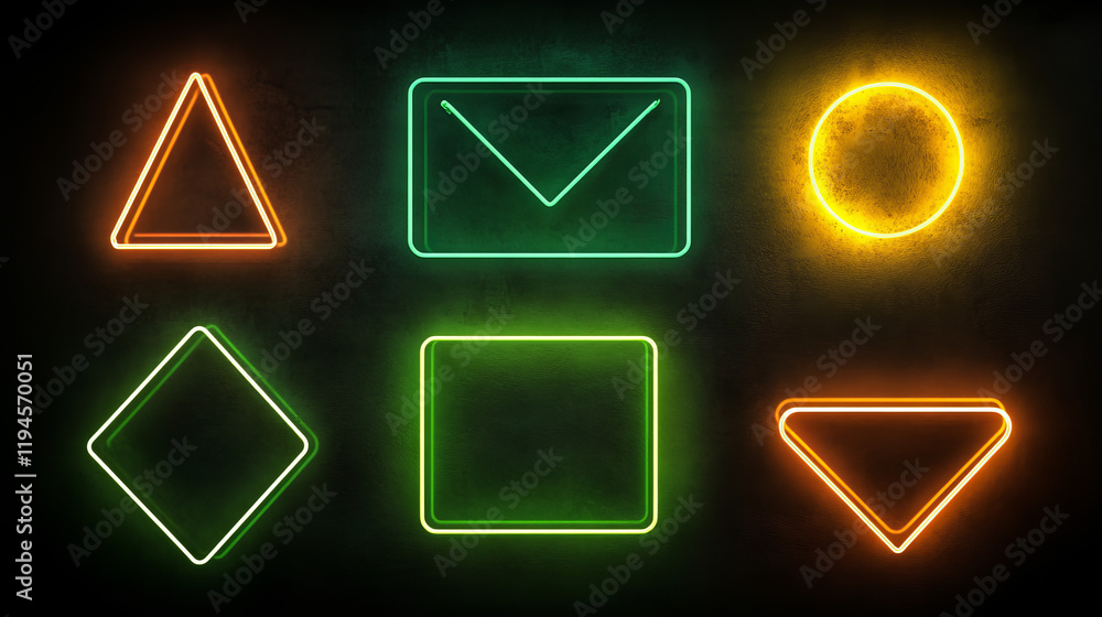 Aufkleber neon frames, isolated colorful led square and rectangular borders. green and yellow illuminated geom
