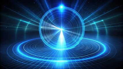 Obraz premium A futuristic blue glow circle radar scanner emits a beam of light onto a dark and metallic background, casting an otherworldly ambiance, futuristic, sci-fi