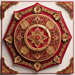 Mughal-style wedding invitation with a floral medallion centerpiece surrounded