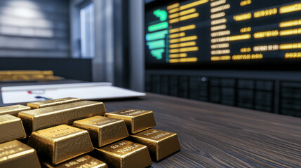 Gold Bullion on Dark Wood Table: A pile of gleaming gold bars rests on a rich, dark wood table, with a stock ticker displaying financial data in the background.  The scene evokes feelings of wealth.