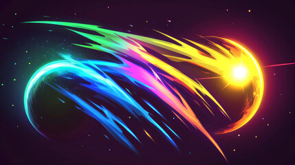 Obraz premium Realistic set of solar eclipse overlay effect on transparent background. Vector illustration of neon blue, yellow, green, purple blazing star edge behind planet in dark sky. Space design elements