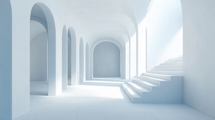 Obraz premium Sunlit white arched hallway, stairs, minimalist design