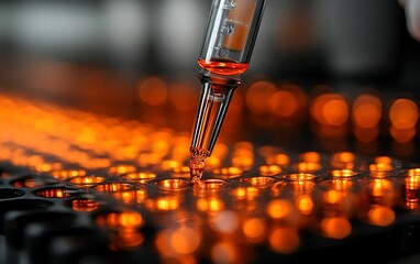 Pipette dispensing liquid into microplate wells.
