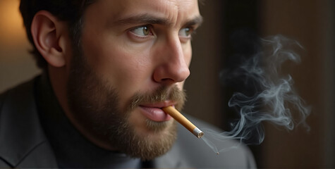 Fototapeta premium A close-up shot of a man holding a cigarette, with the focus on the cigarette and smoke
