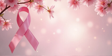 An awareness ribbon concept focused on breast cancer awareness, featuring a pink ribbon suspended from the ceiling, with pink flowers gently hanging around it