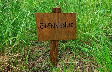 Welcome sign in french. Old wooden sign in grass.
