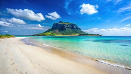 Obraz premium Sunny seashore on Jeju Island's white sandy beach with crystal clear turquoise ocean and majestic island landscape in background, sea