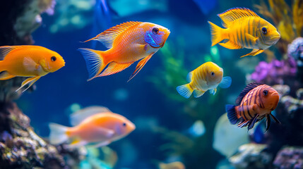 Fototapeta premium A group of fish swimming in a brightly lit aquarium, vibrant colors and serene movement, underwater world
