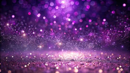 Sparkling purple glitter particles suspended in air on a dark stage with soft focus bokeh effect, creating a dreamy atmosphere , glowing particles, purple sparkles