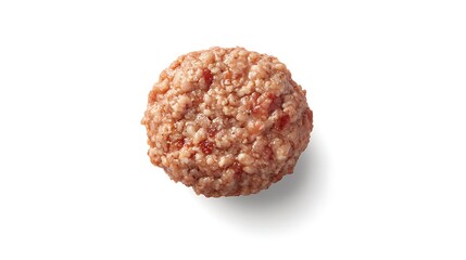 High-definition macro of a ground chicken patty, floating on a white background, hyper-detailed meaty texture 