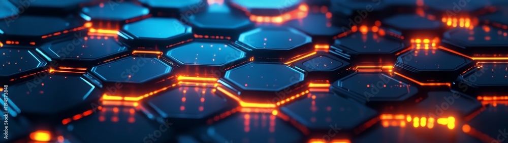 Poster abstract hexagon pattern with glowing orange and blue lights.