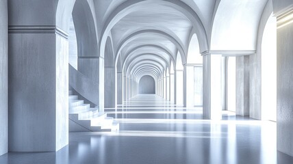 White arched hallway, sunlit, staircase, perspective