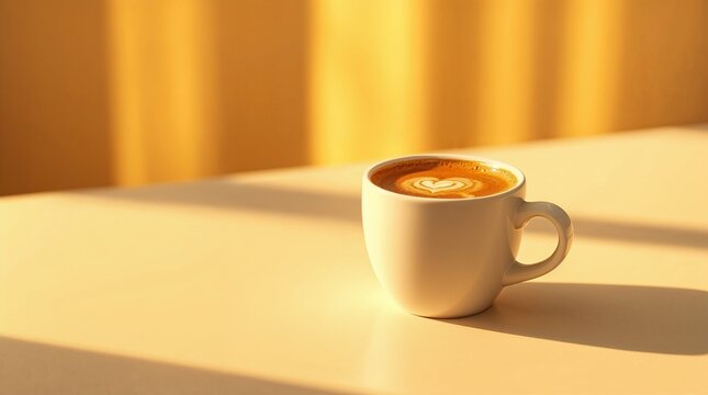 White cup of coffcoffee, latte, white cup, latte art, warm sunlight, cozy, beverage, drink, morning, minimalistic, simple, table, warm tones, relaxation, breakfast, cee with latte art in warm sunlight