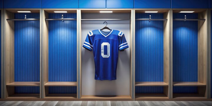 Football jersey hanging on blue wall in locker room with team logo and player number, athletic gear - Powered by Adobe