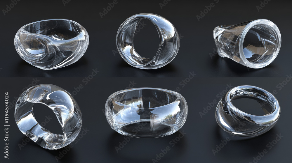 Poster crystal glass ring in different angle view. abstract geometric shapes with reflection, crystal objec