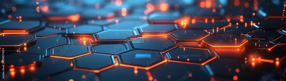Aufkleber abstract hexagonal digital network glowing with orange and blue light.
